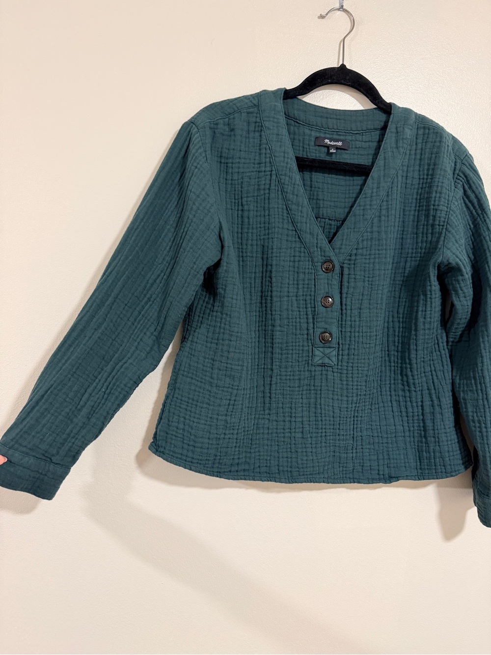 Madewell Women Dark Green Cotton Double Gauze Henley V-Neck Blouse Top Size M
